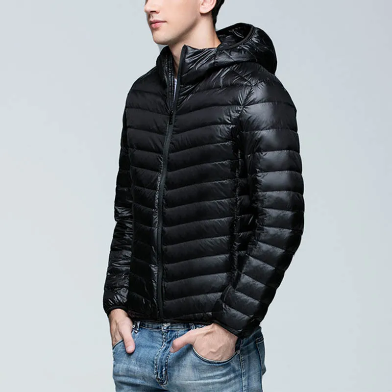 Black With hat Молодежная мода, теплое короткое пальто осень-зима, Мужской Ультра светильник, верхняя одежда с капюшоном, тонкий пуховик, тонкие куртки с воротником-стойкой - Цвет: Black With hat