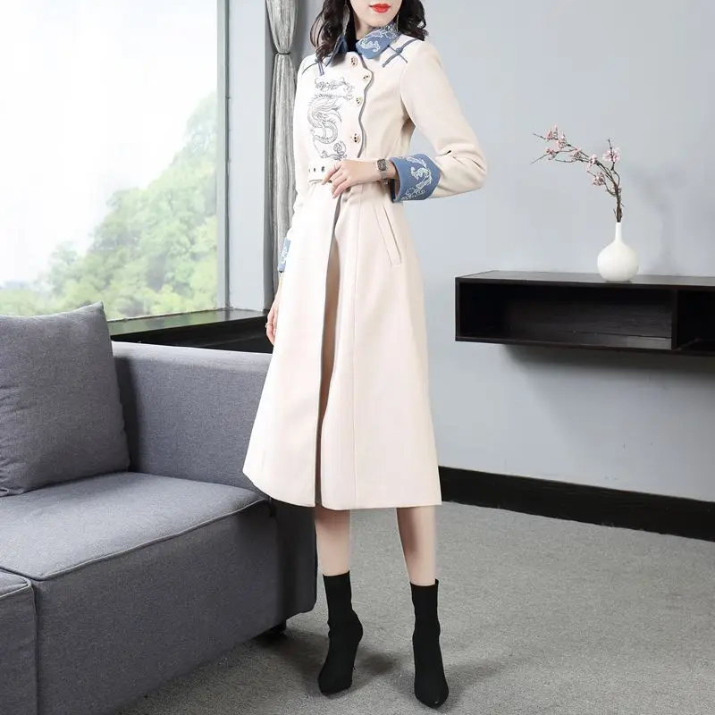 

Women long coat Autumn winter new Chinese retro style dragon embroidery pattern long sleeve woolen long Trench red office lady