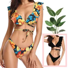 with Chest Pad Without Steel Support Colour Polyester Sunmmer Sexy Bikini Set Swimwear Elastic Breathable