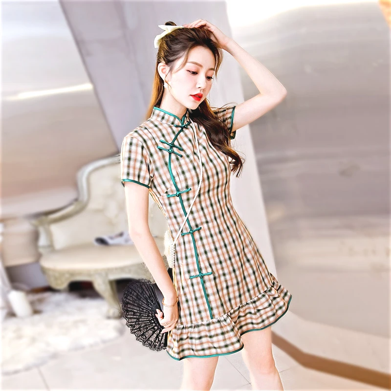 

Plaid Cheongsam Fishtail Improved Short Qipao Girl Young Chinese Style Elegant Daily Fishtail Lattice Improved Fashion Dress 3XL