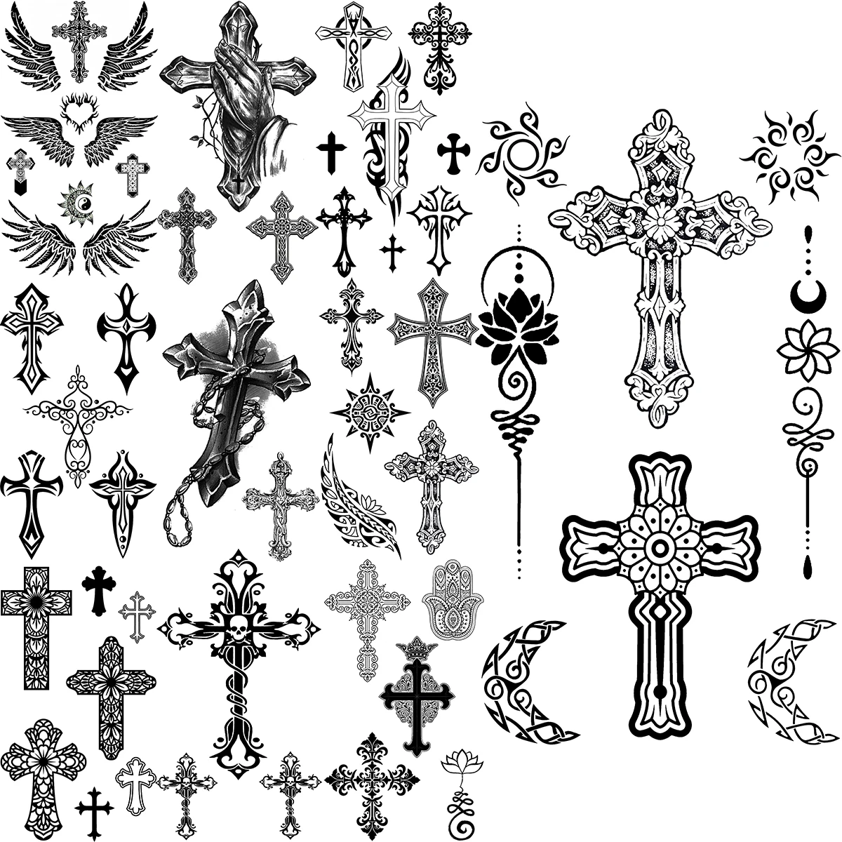 

Временные татуировки черного Креста для мужчин, реалистичные Крылья ангела, перо, луна, искусственные татуировки, наклейки, татуировки для рук и шеи, водонепроницаемые