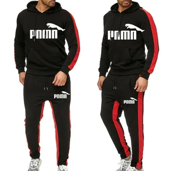 

2 Pieces Sets Casual Tracksuit Men New Brand Autumn Winter Hooded Sweatshirt +Drawstring Pants Male Stripe Patchwork Hoodies 2XL