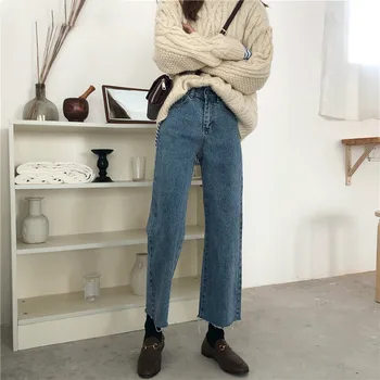 

New Autumn High Street Jeans Simple Fashion Empire Zipper Fly Female Denim Straight Loose Ankle Length Plus Pants
