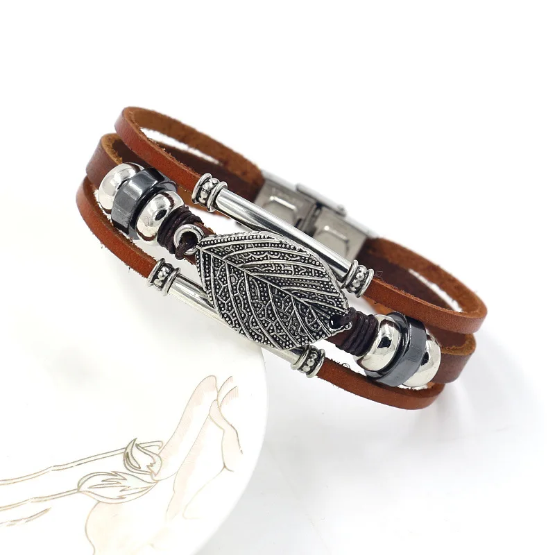 Bracelet Jewelry Trendy Punk Multilayer Leather Bracelet Female Fatima Hand Sun Flower Leaf Alloy Accessories for Wristband Gift