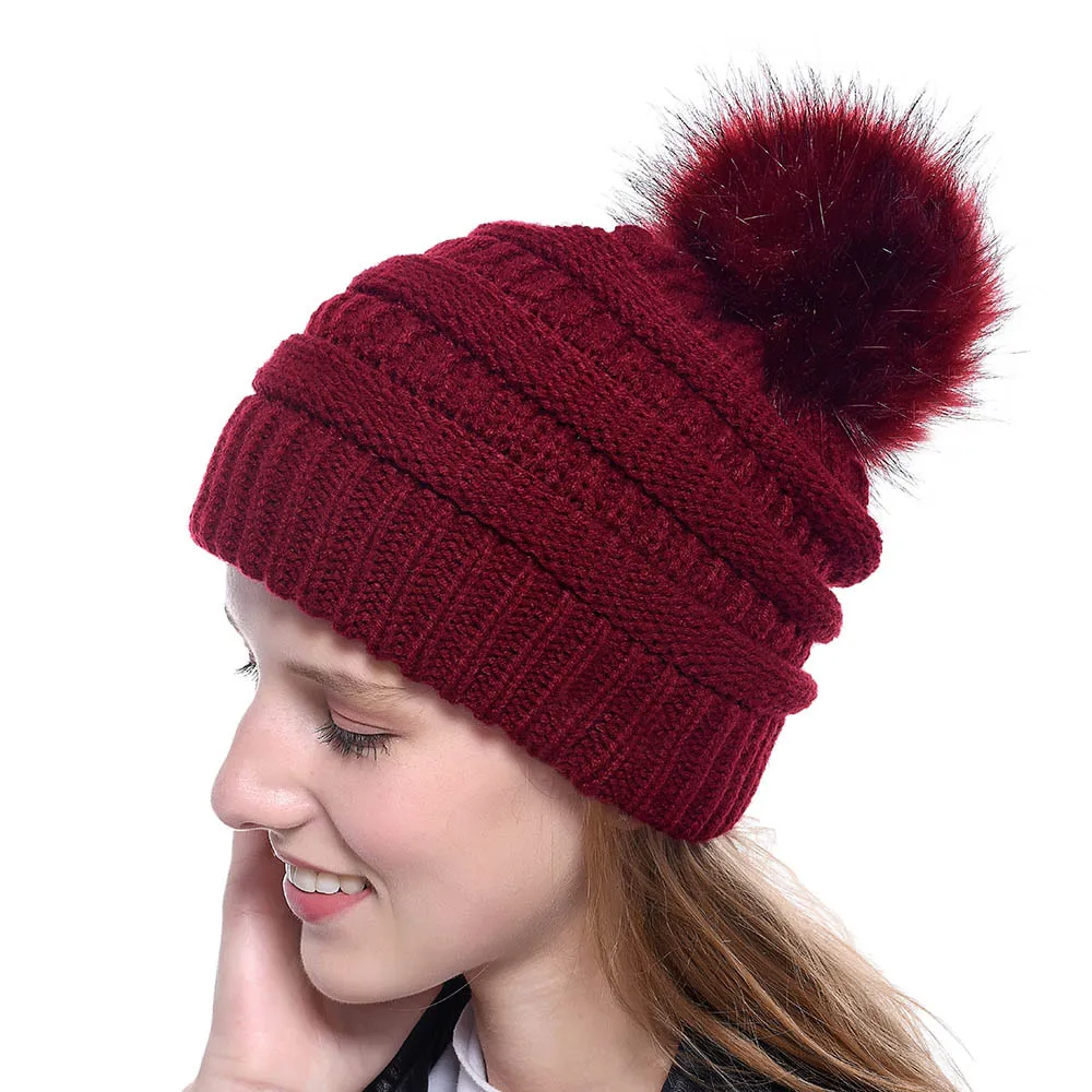 Теплая зимняя вязаная шапка skullies beanies, женская брендовая Высококачественная зимняя женская Лыжная шерстяная меховая шапка с помпонами, вязаные шапки