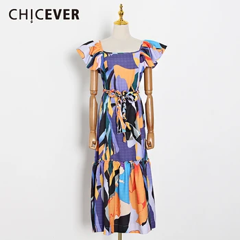 

CHICEVER Print Dress For Women Square Collar Puff Short Sleeve High Waist Bowknot Lace Up Hit Color Ruffles Dresses Female 2020