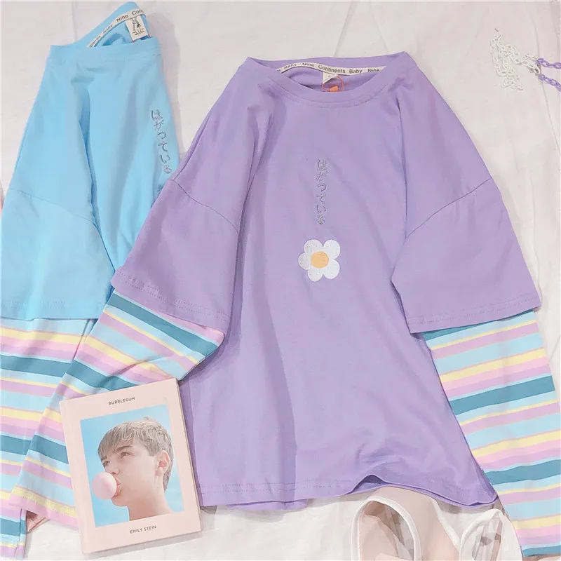  Candy Color Mori Girl Flower Embroidery Hoodies Rainbow Stripe Long Sleeve Ptachwork Pullover False