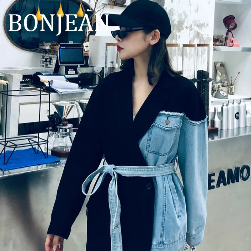 Bonjean джинсовые лоскутные куртки с отложным воротником Асимметричные пальто женский ассиметричный жакет с поясом Осенняя верхняя одежда BJ1790