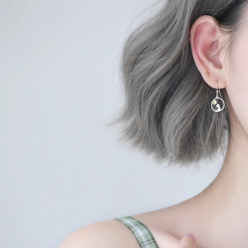 

925 Silver Colorful Moon Cat Earrings Simple Creative Non-mainstream Design Ear Hook Women's 2019 New Style Fashion