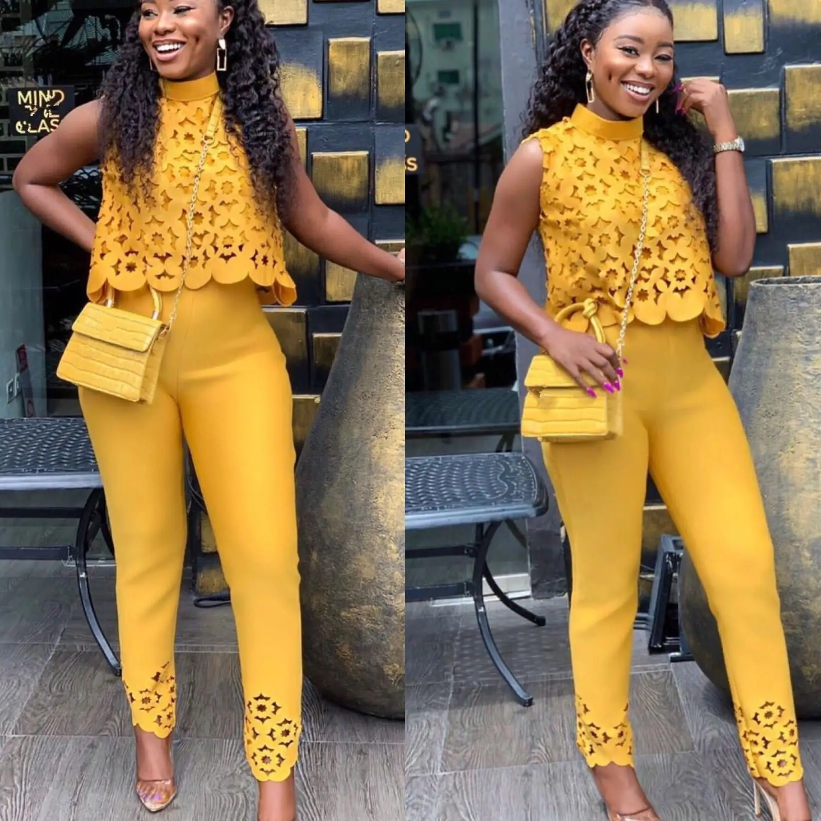 

2019 Autumn Sleeveless Hollow Out Women's Suit Solid Temperament Tracksuit Outfit Top And Pants Two Piece Set