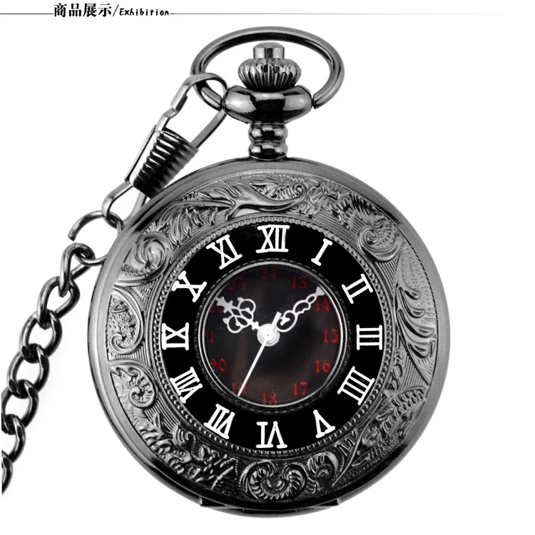 

Vintage Charm Black Fashion Roman Number Quartz Steampunk Pocket Watch Women Man Necklace Pendant with Chain