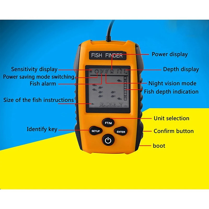 Портативный эхолот, эхолот 100 м, эхолот с ЖК-экраном, эхолот, эхолот для рыбалки, кабельный эхолот