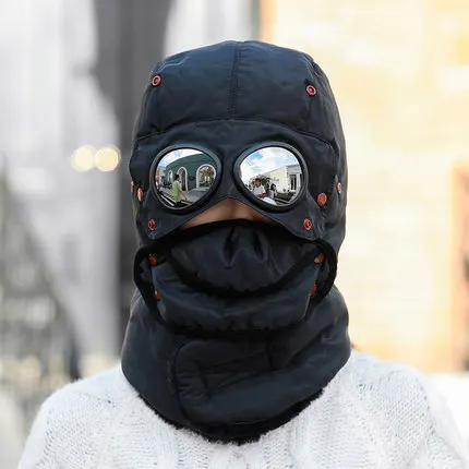 black hat scarf Шапки-бомберы для женщин, мужчин, детей, зимняя ветрозащитная Лыжная шапка с ушками и маской, очки пилота, теплые шапки, шапка охотника - Цвет: black hat scarf