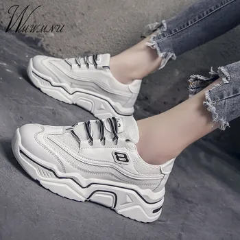 

Chunky Platform Luxury Sneakers Women Fashion Basket Lace-up Flat Mesh Breathable PU Leather Sport Dad Shoes Black And White