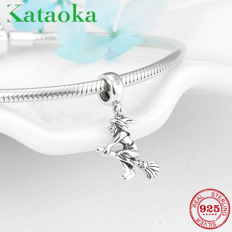 

Fashion Magic witch with Broom charms Zircon 925 Sterling Silver Pendants Fit original kataoka charms Bracelet Jewelry making
