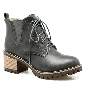 

Women 2020 Ankle Boots Lace Up Fashion Round Toe Pu Leather Square Mid Heel Solid Black Fur Women Boots