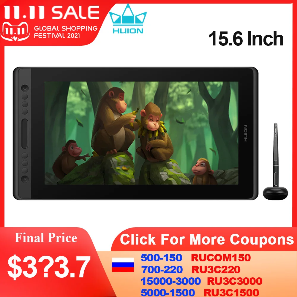 Huion Graphic Monitor Kamvas Pro 16 Drawing Tablet Screen 15.6 Inch Digital Tablets Draw Display with Battery-free Stylus Pen