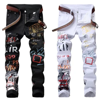

High Street Fashion Mens Jeans Night Club Black White Color Personal Designer Printed Jeans Men Punk Pants Skinny Hip Hop Jeans