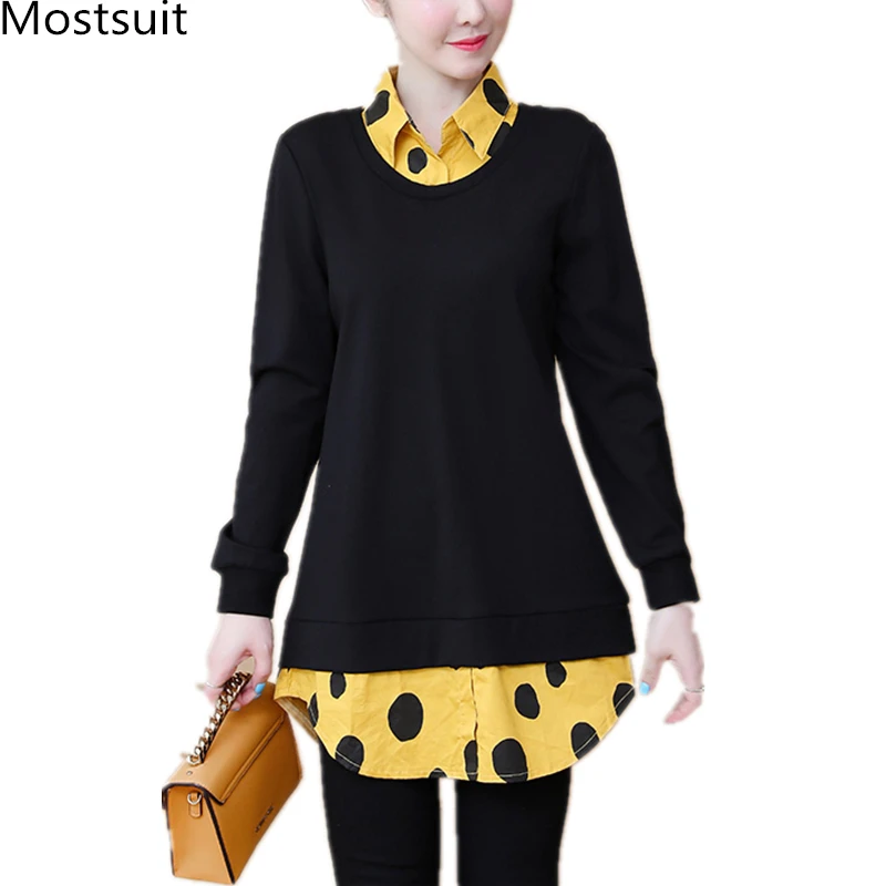 

2019 Autumn Plus Size Fake Two Pieces Shirts Blouses Women Dot Print Long Sleeve Korean Office Elegant Blouses Tops Shirts L-5xl