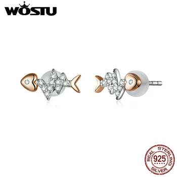 

WOSTU 100% Real 925 Sterling Silver Fishbone Stud Earrings For Women Zircon Wedding Small Earrings Jewelry Gift DXE814