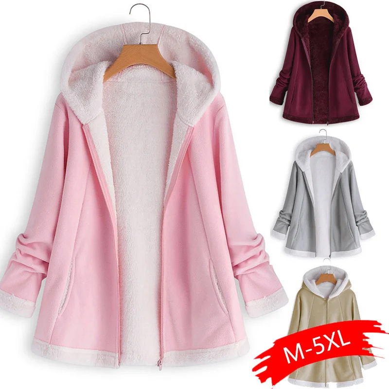 

women's autumn jacket Fashion Winter warm solid Pocket Zipper Long Sleeves Plush Hoodie Coat manteau femme plus size Outerwear