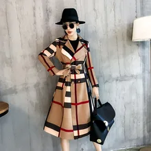 Клетчатый Тренч, Женское пальто средней длины, осень и зима, стиль, корейский стиль, большой бренд, элегантное Ретро приталенное облегающее пальто CH