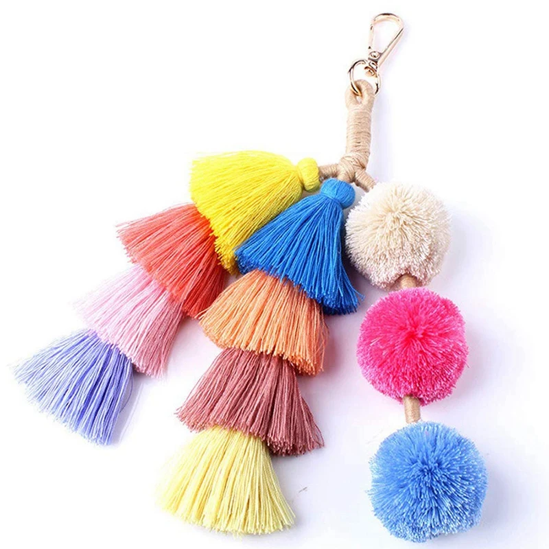 Красочный ручной работы Boho Pom Кисточки Из ПФЛ сумка Шарм брелок для ключей брелок