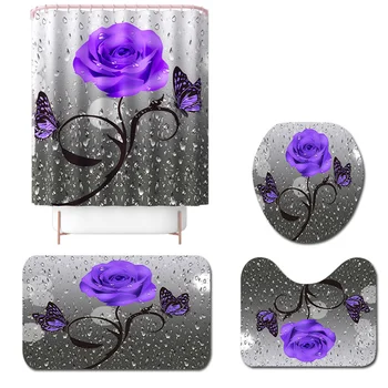 

Flowers Prints Bath Screen Curtains with Hooks Polyester Shower CurtainToilet Cover Mat Non-Slip Bath Rug Set