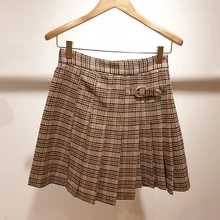 Клетчатая плиссированная юбка для женщин с высокой талией Элегантная Дамская Повседневная тонкая нестандартная мини-юбка