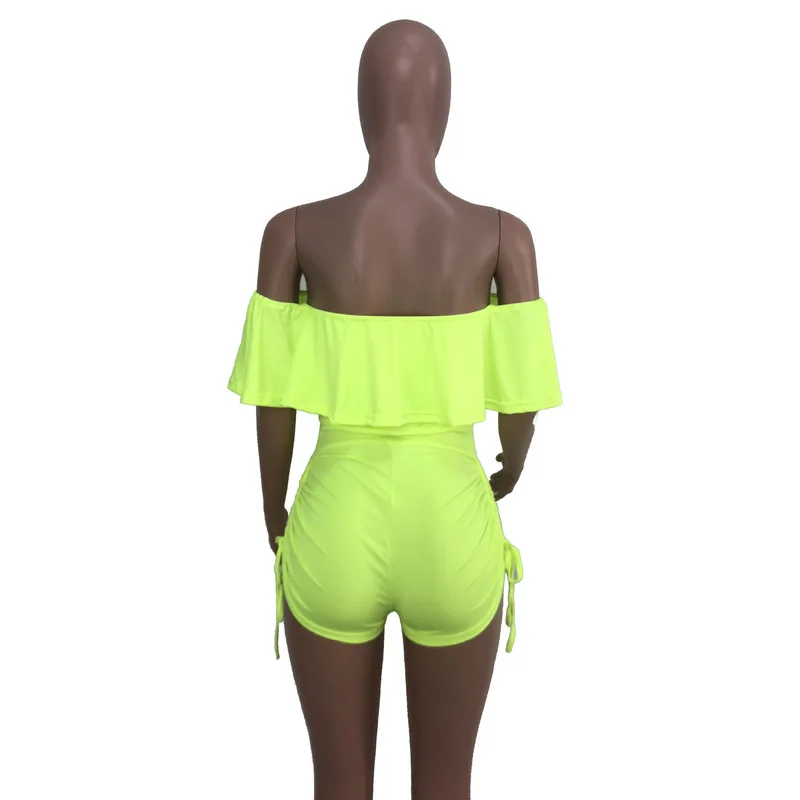 Neon Green Sexy Bodycon Playsuit For Women Slash Neck Butterfly Sleeve Beach Jumpsuit  Summer Off Shoulder Backless Short Romper