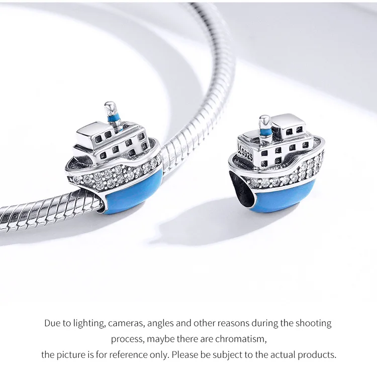 Подходит для браслета Pandora, 925 пробы, серебряный, синий, паровой корабль, бусины S925, белый циркон, путешествующий корабль, подвески для ювелирных изделий DIY