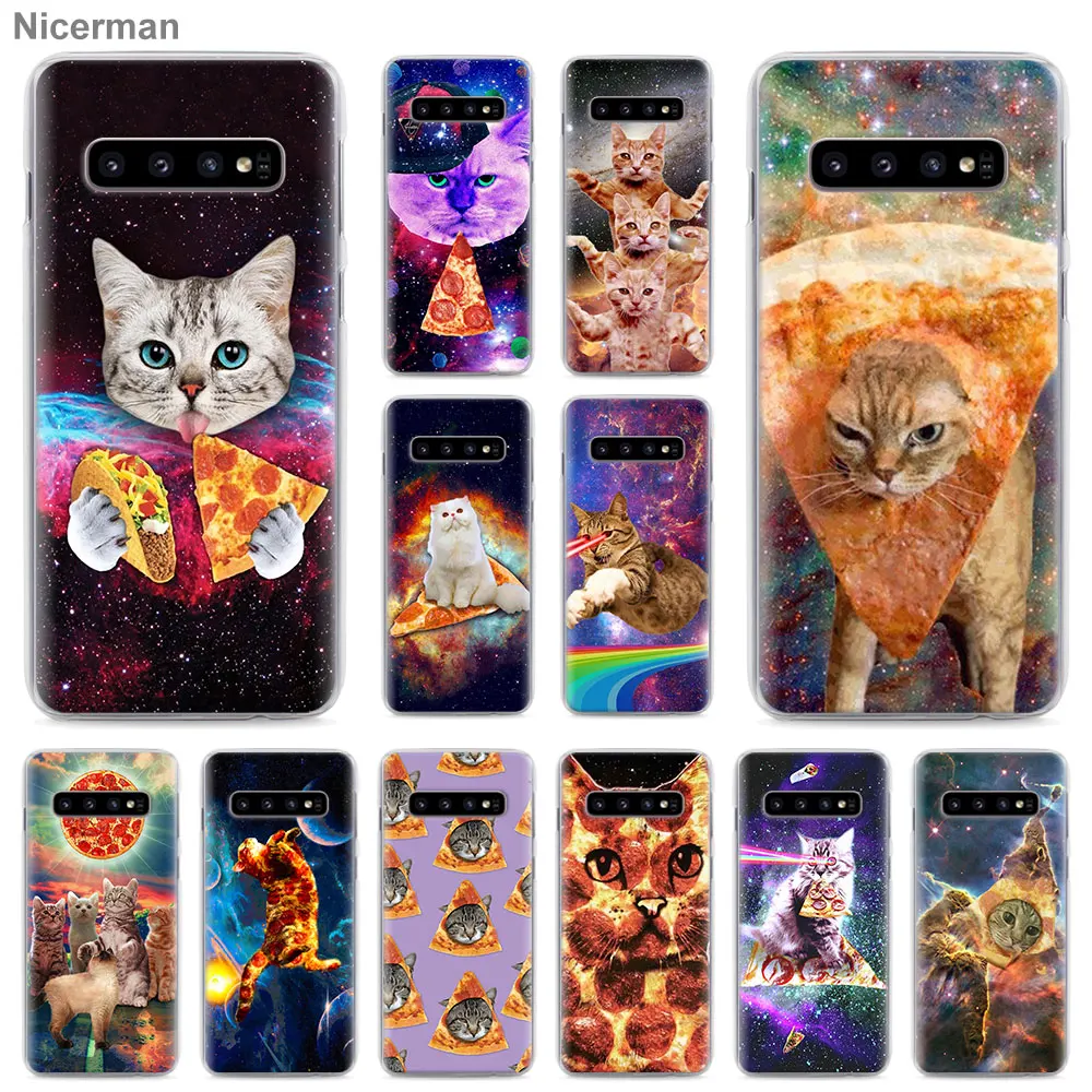 Цветной чехол для телефона с изображением пиццы и кота в космосе Samsung Galaxy S10 S10e S8 S9