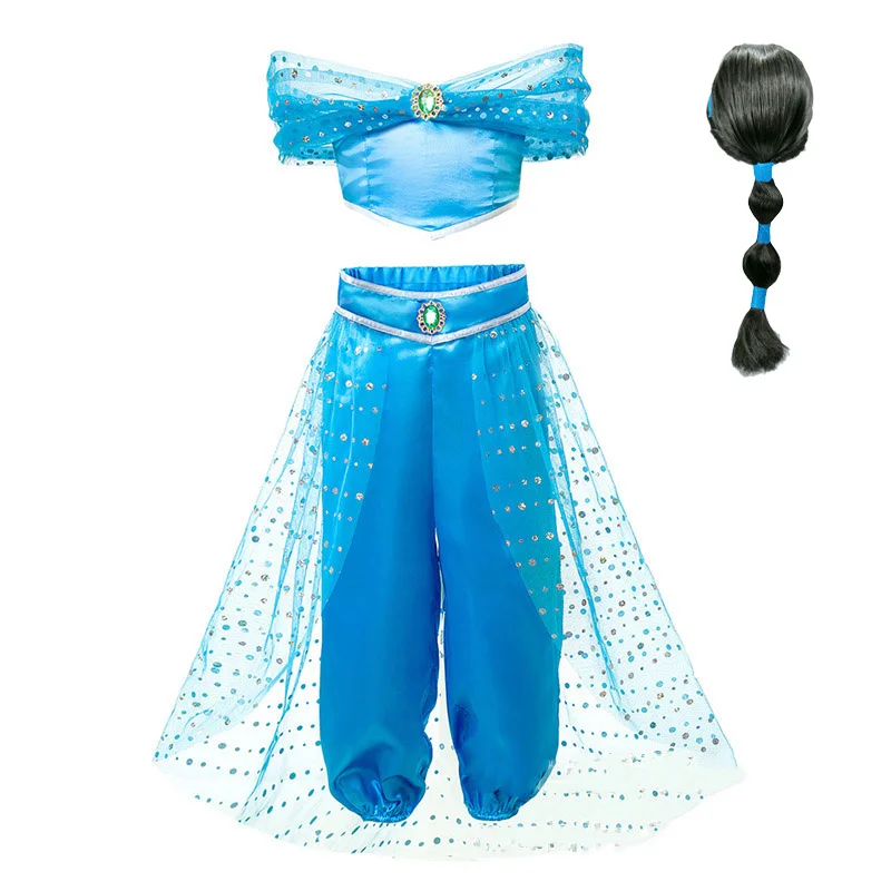Clothes and Wig Детское модное платье для девочек; детский маскарадный костюм принцессы жасмин в лампе Аладдина; Детский костюм на день рождения, Хэллоуин - Цвет: Clothes and Wig