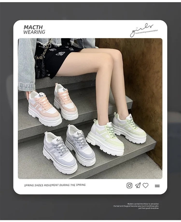 女性厚い靴底スニーカー21春カジュアル高プラットフォームシューズ通気性女性の加硫の靴分厚いスニーカー9センチメートル Aliexpress Shoes