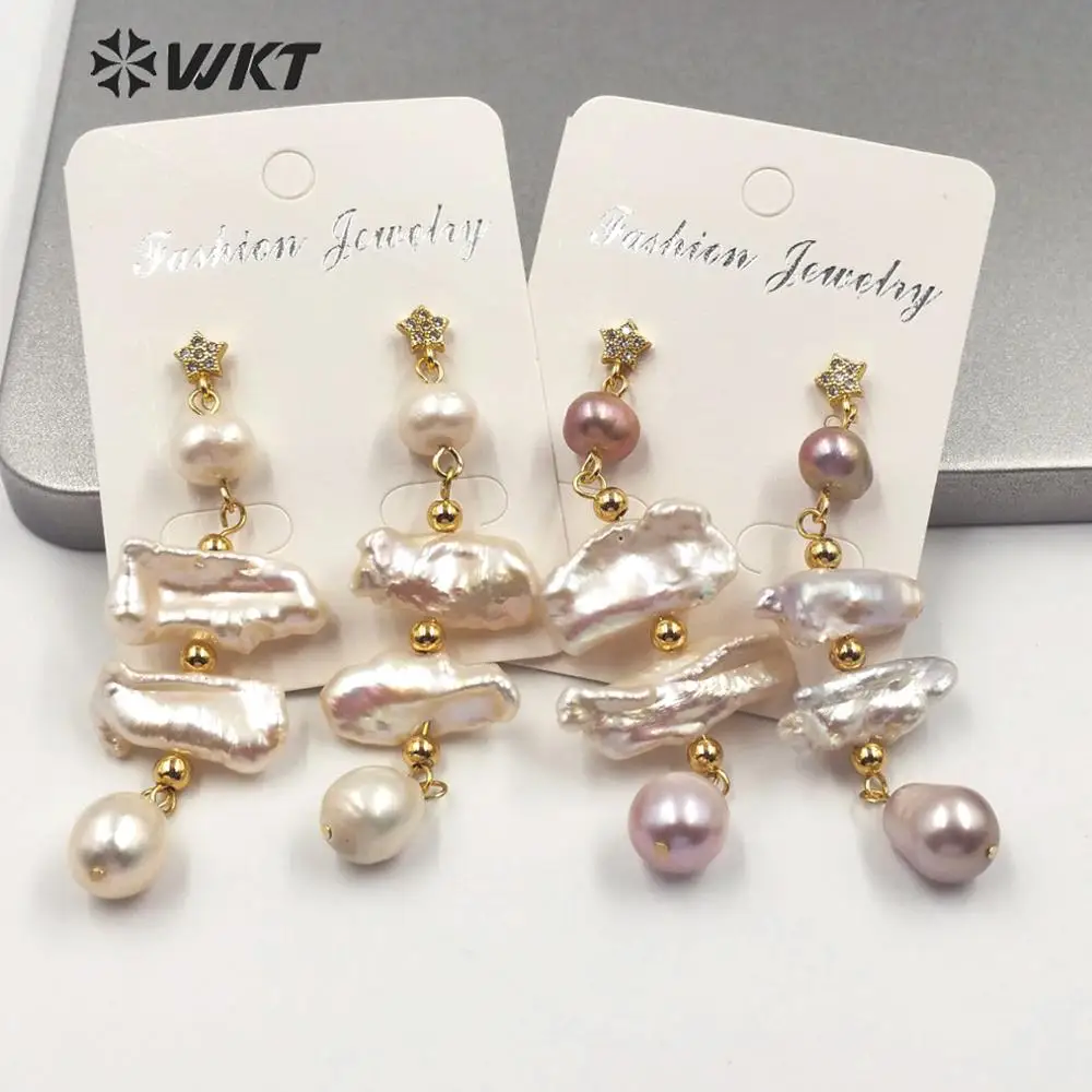 WT-MPE015 Exclusive Design New Freshwater Baroque Pearl Dangle Earrings Women Precious Gold Handmake Royal Style Decoration