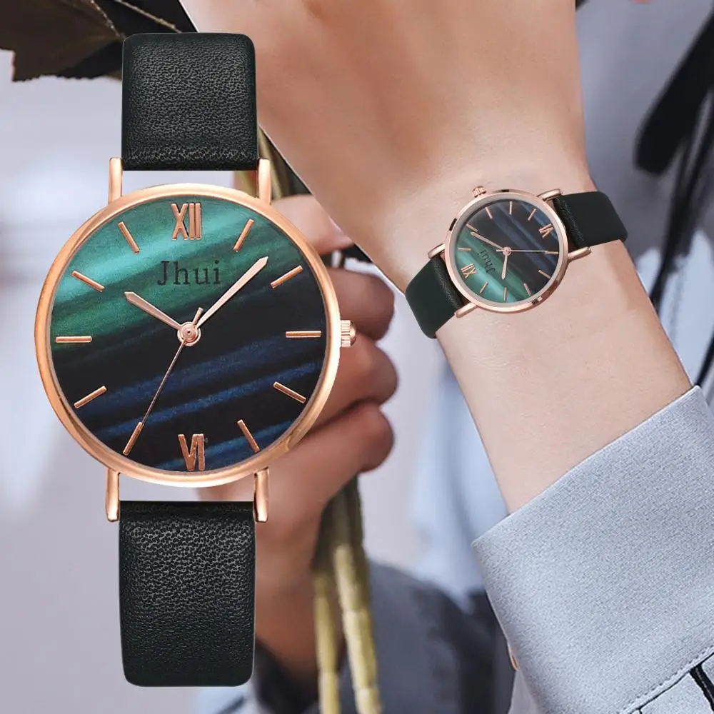 

Woman Watch Simple Dark Green Water Color Dial Leather Strap Ladies Jewelry Top Brand Fashion Casual Wristwatch Montre Femme@50