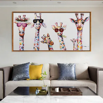 

Colorful Giraffe Glasses Animal Family Posters Prints Cartoon Oil Canvas Painting Wall Art Pictures for Living Room Home Decor