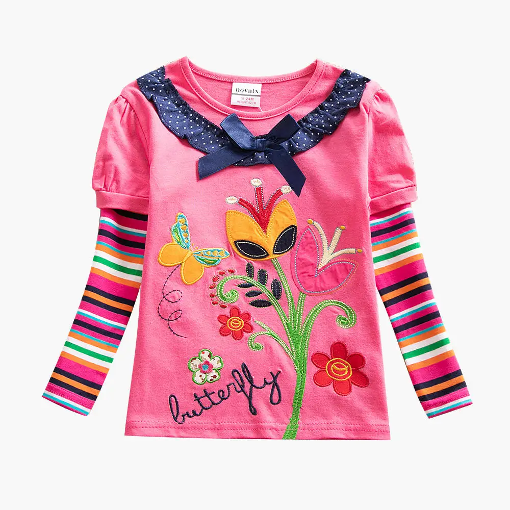 JUXINSU/хлопковая футболка с длинными рукавами для девочек осенне-зимняя повседневная футболка в полоску с цветочной вышивкой для девочек - Цвет: F5619Fuchsia-2