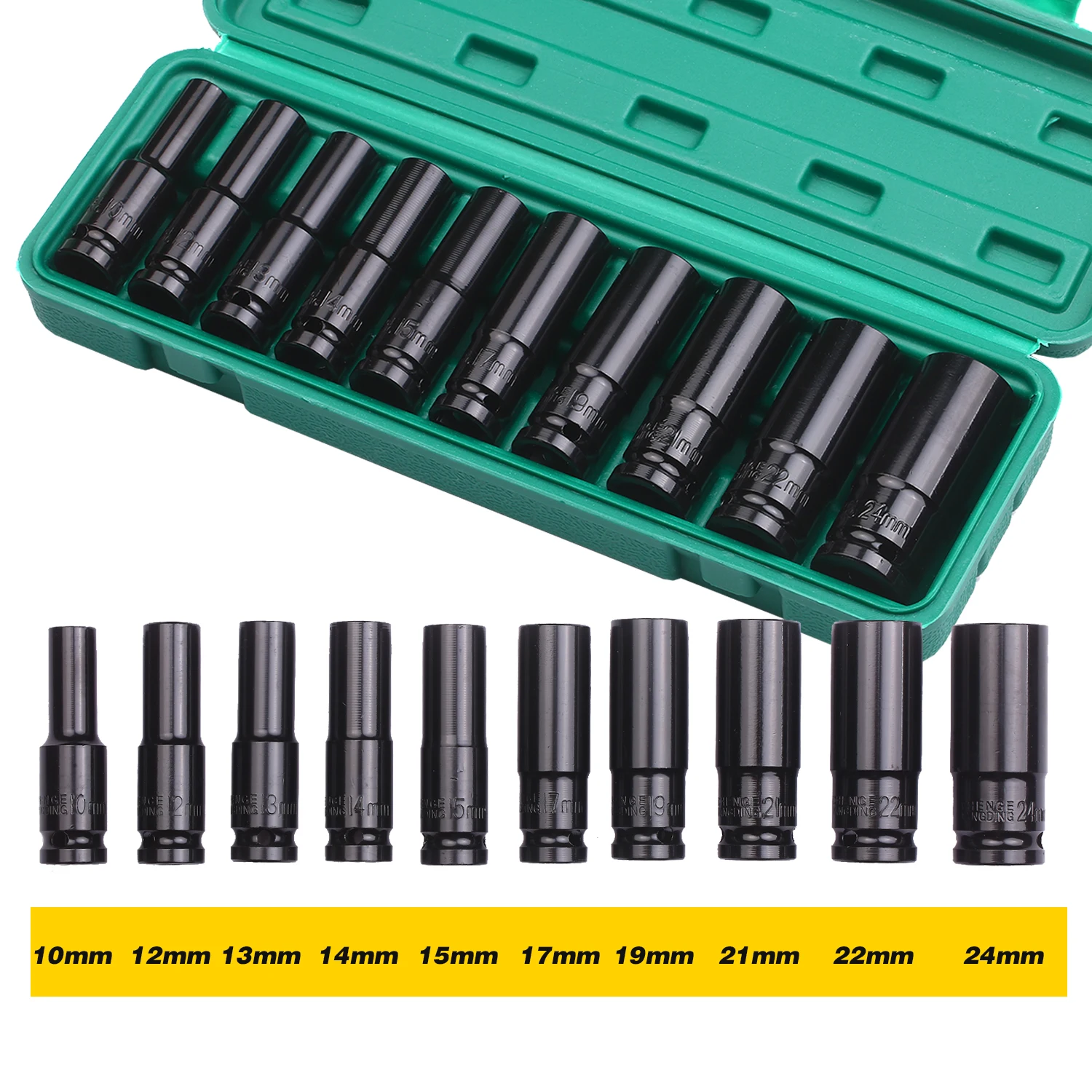 1/2Inch Drive 6-Point Impact Socket Set 10Pcs Metric Sizes 10-24mm Carbon Steel with Hard Storage Box hand tools set