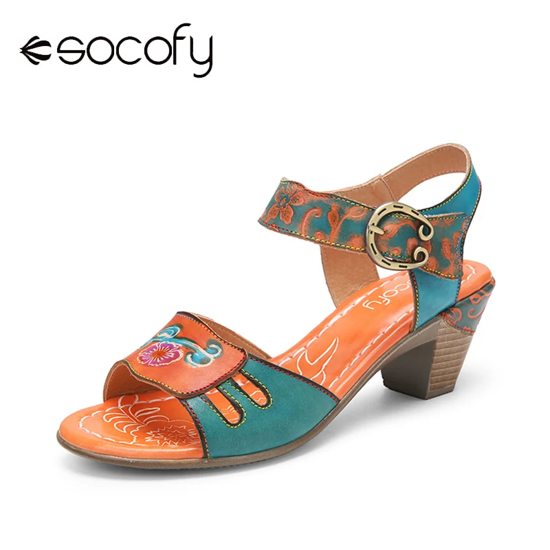 Best Buy SOCOFY Women Elegant Floral Printed Sandals Splicing Cut-out Genuine Leather Hook Loop Chunky Heel Casual Outdoor Sandals