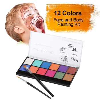 

12 Colors Palette Face and Body Painting Kit Pearl Effect Water Based Paints with Brushes Safe & Hypoallergenic Face Paints