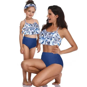 

Drop ship Flower Leaf Print Ruffled Mother Daughter Matching Beach wear Retro Style Swimwear mother Bathing Suit baby Bikini