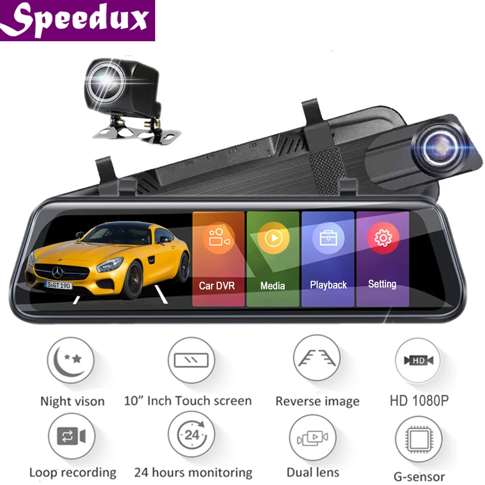 €17.81 60% de DESCUENTO|10 pulgadas de pantalla táctil de coche espejo retrovisor Dash Cámara espejo FHD coche DVR espejo doble lente con cámara de visión trasera grabadora DashCam on AliExpress 