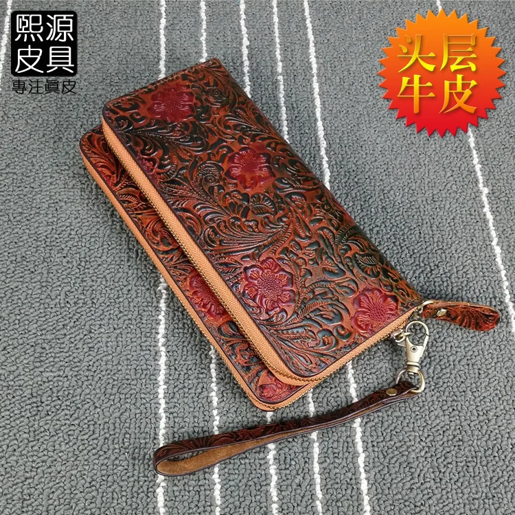 

Origional Hand-rub Color Ethnic-Style Embossed Genuine Leather LADY'S Wallet Vegetable Tanning Full-grain Leather Double Zip Lon