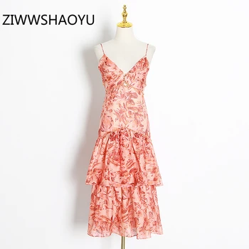 

ZIWWSHAOYU Summer Female Cascading Ruffle Print Bohemian Holiday Midi Dress Women V-Neck Backless Sexy Spaghetti Strap Dresses