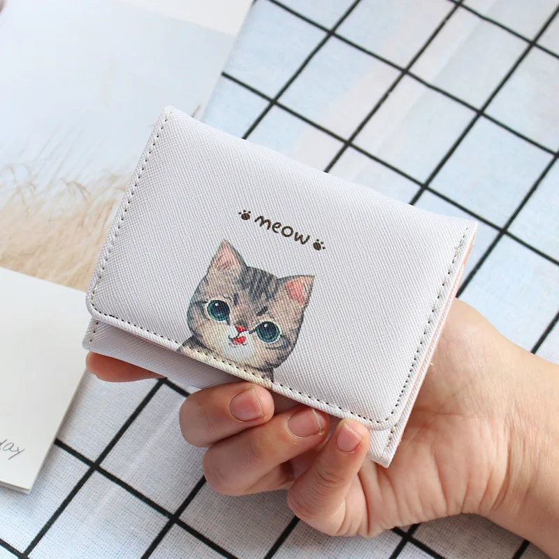 

Adorable Cat New Style Card Bit More Small Wallet Hipster Cute Cat Wallet Women's Short Three Fold Pu Wallet