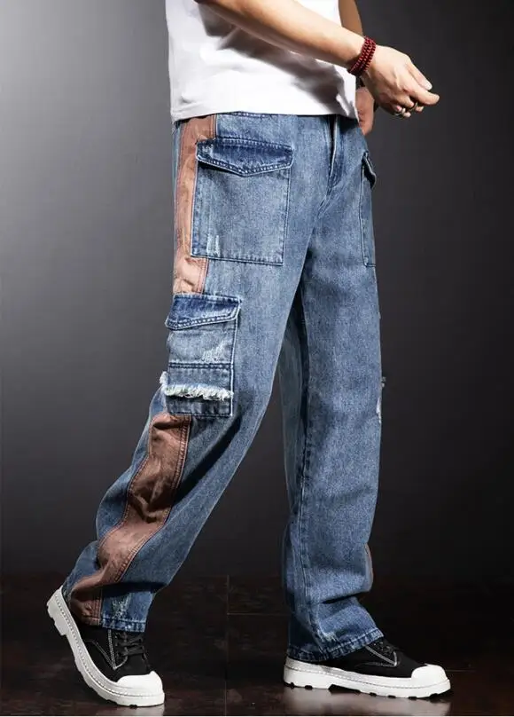 Multi-Pocket Loose Cargo Jeans Men Straight Fashion Wide-Legged Denim Pant Patchwork Baggy Jeans Size 29-40 3