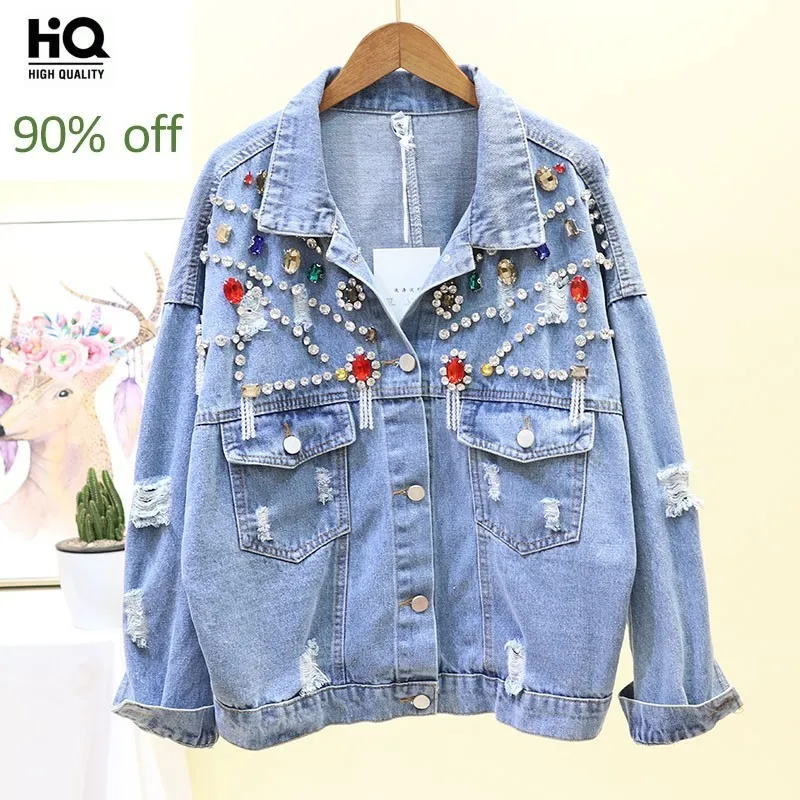 

2020 Heavy Beading Diamond Hole Ripped Loose Denim Coat Woman Spring Autumn Fashion New Long Sleeve Office Ladies Jackets M L
