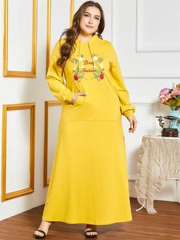 

Siskakia Hooded Maxi Sweatshirt Dress Winter 2020 Women Fashion Letter Floral Embroidery Big Pocket Sporty Loose Arabic Clothes