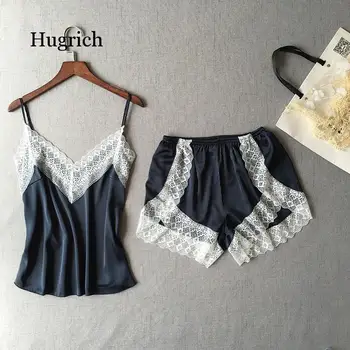 

Women's Sleepwear Sexy Satin Pajama Set White Lace V-Neck Pyjamas Sleeveless Cute Cami Top and Shorts